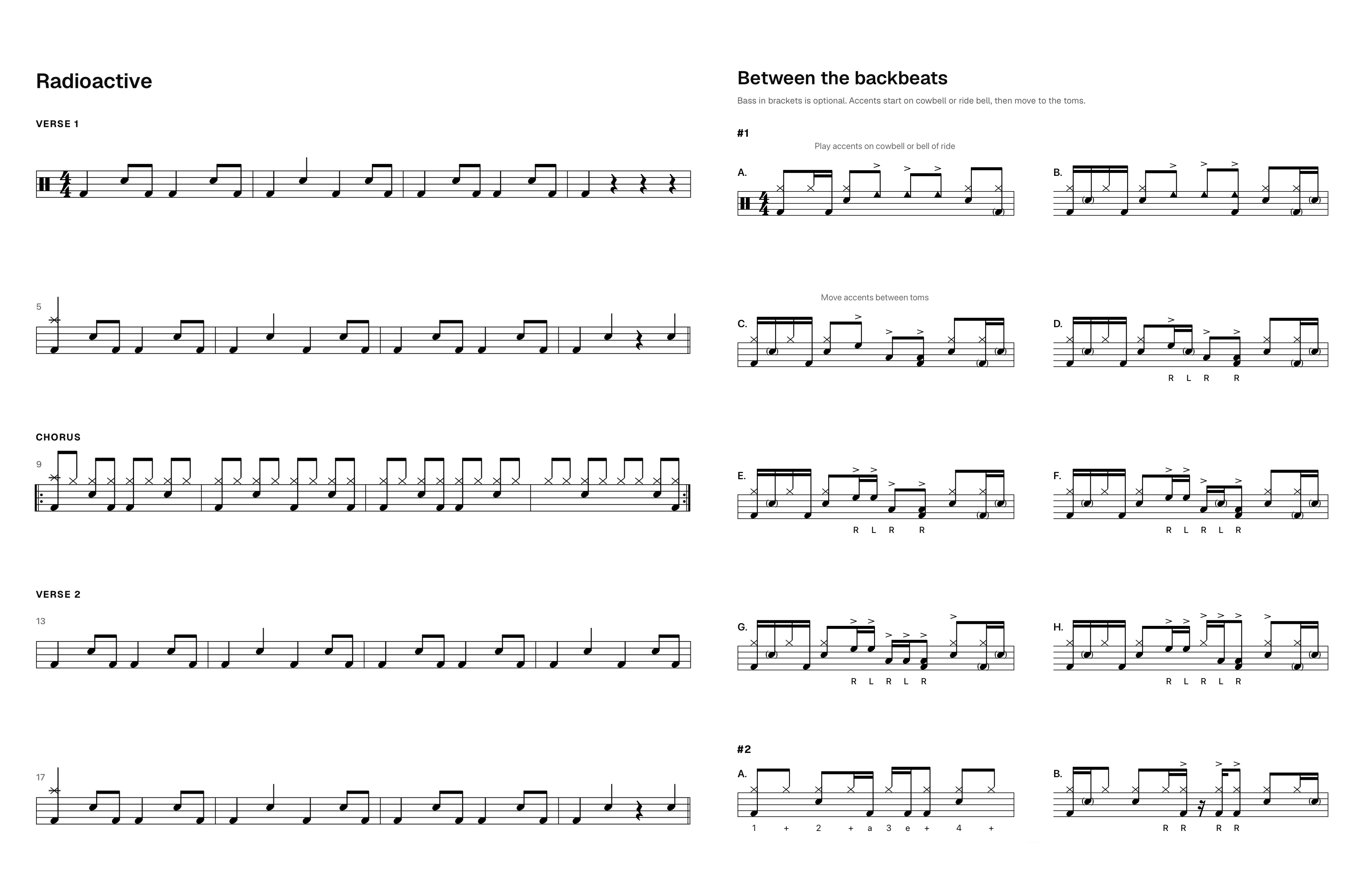 A drum chart shown in both score and worksheet layouts