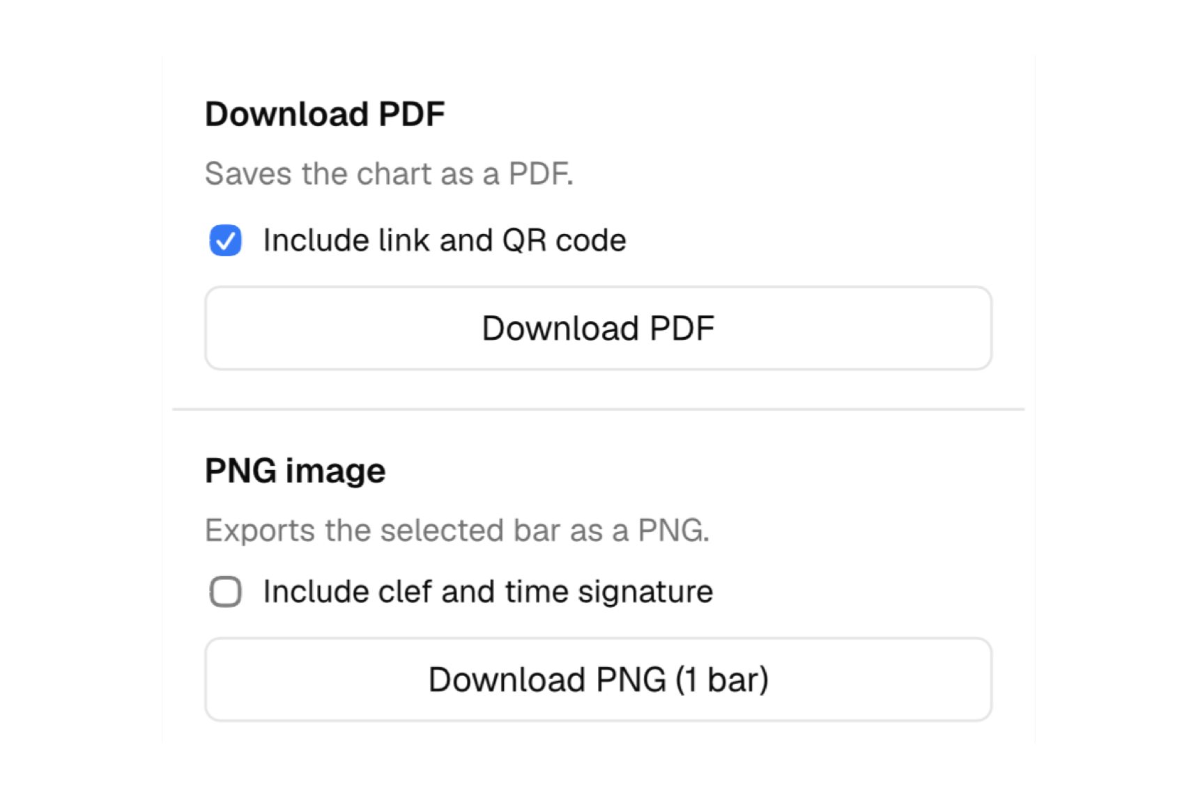 The export dialog with options to download as a print-ready PDF or as a PNG of the selected bar