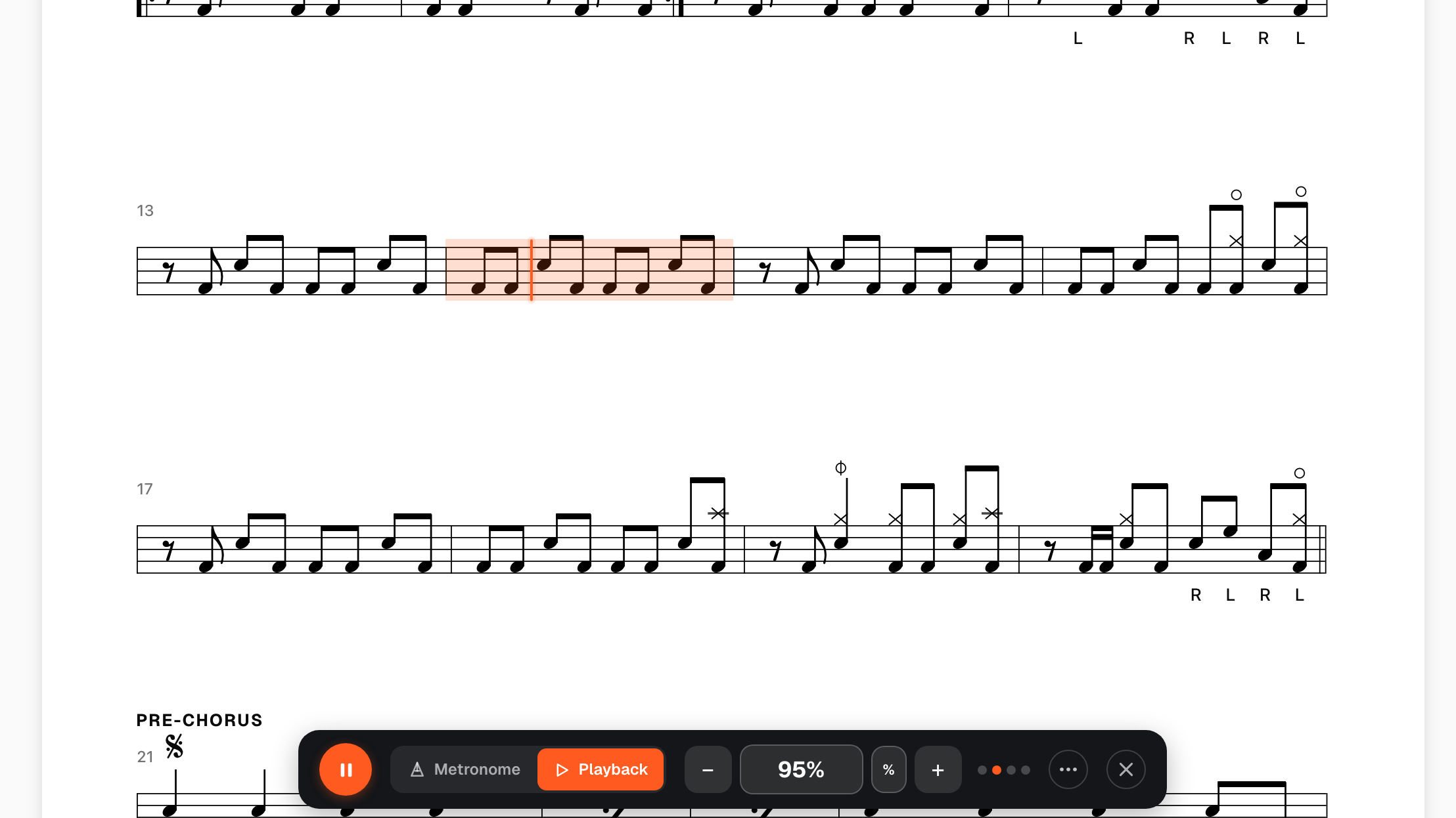 A chart playing back in Beam with the playhead scanning the notation and the playback controls showing