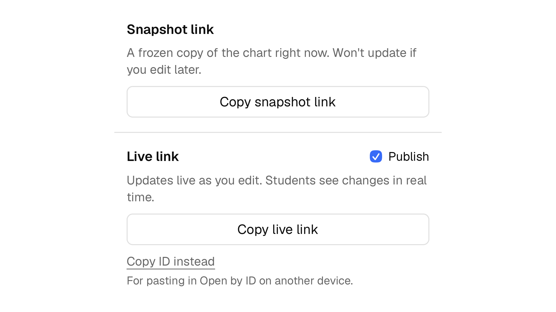 The Beam share menu with live link and snapshot options